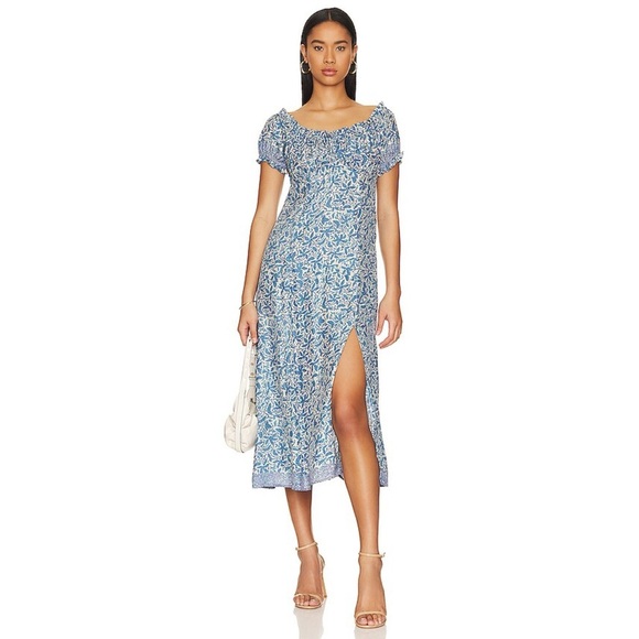 NATALIE MARTIN CHARLOTTE GLORIOSO FLORAL CORNFLOWER BLUE SILK MIDI DRESS